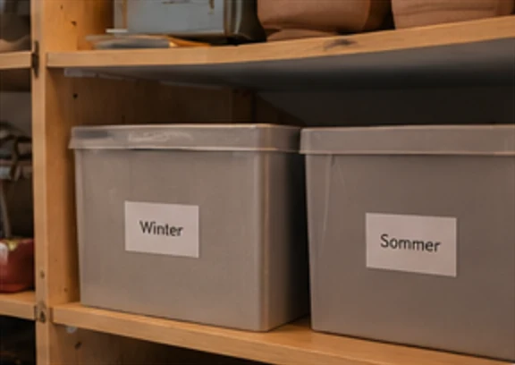 Zwei graue Aufbewahrungsboxen mit Etiketten Winter und Sommer