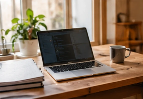 Laptop auf einem Holzschreibtisch mit Pflanze und Tasse