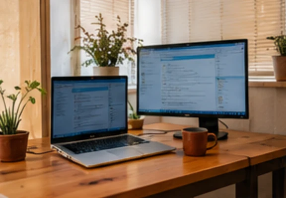 Laptop mit Zusatzbildschirm am Schreibtisch