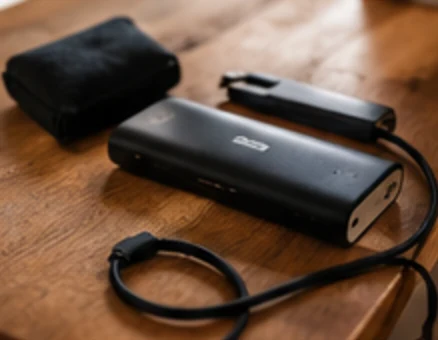 Powerbank mit Kabel auf einem Holztisch