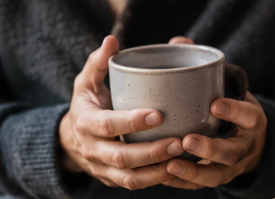 Zwei Hände halten eine Keramiktasse
